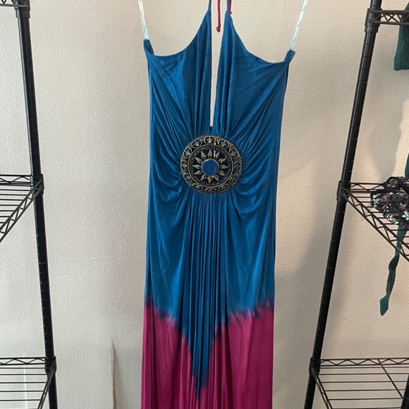 Sky blue, pink, and black Maxi Dress &feather tie - Picture 5 of 10